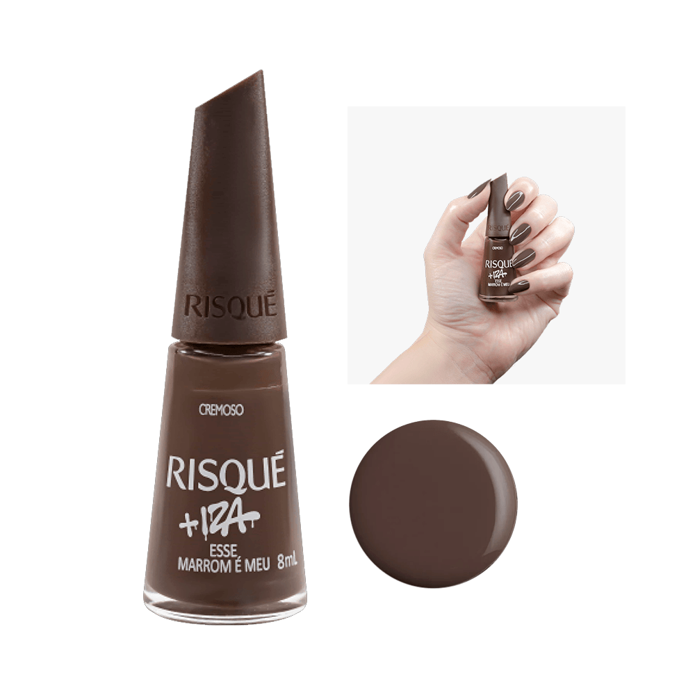 Esmalte Risqué Cremoso Iza 'Esse Marrom é Meu' frasco com tampa marrom fosca e amostra da cor
