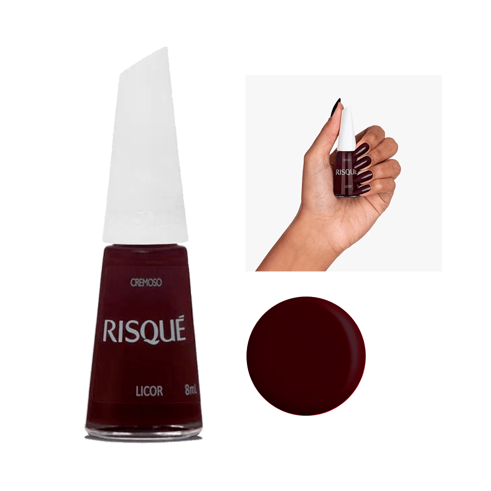 Esmalte Risqué Cremoso Licor 8ml - frasco e amostra da cor