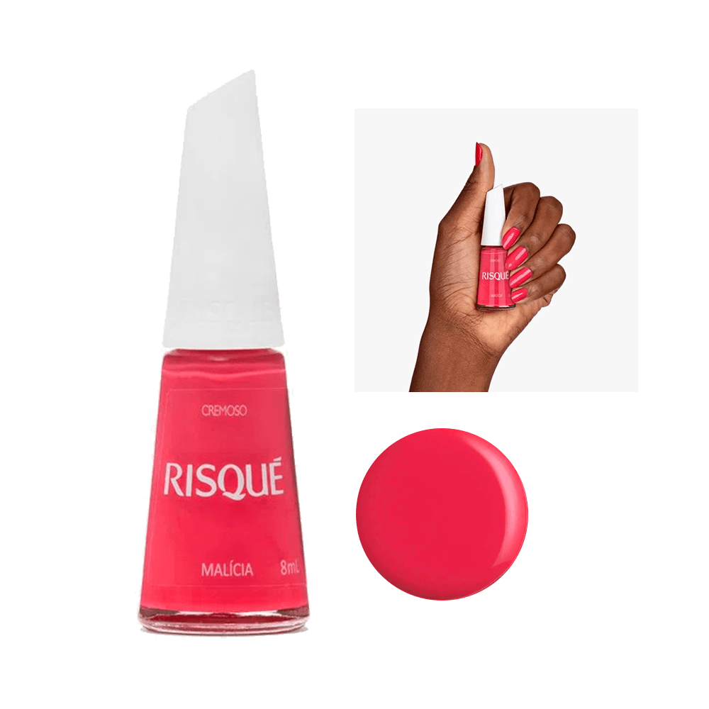 Esmalte Risqué Cremoso Malícia frasco e unha pintada - rosa cremoso
