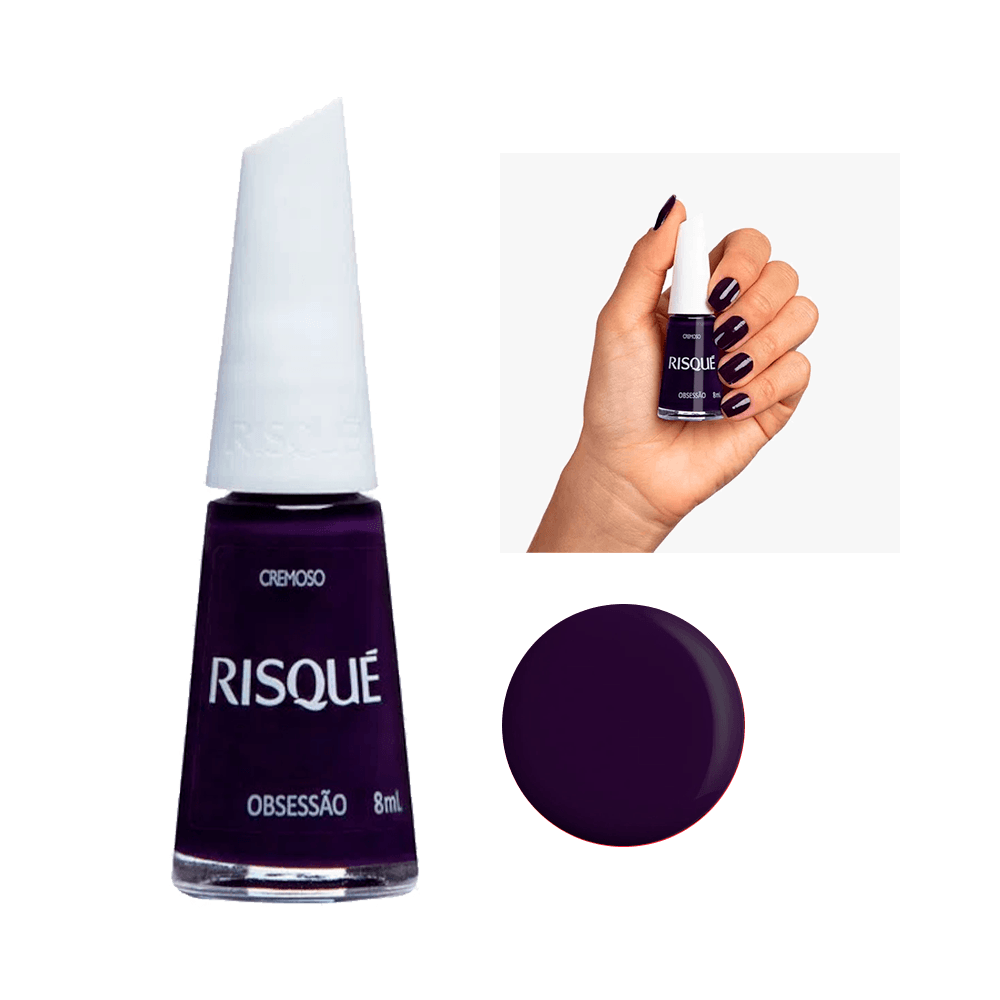 Esmalte Risqué Cremoso Obsessão 8ml com unhas pintadas na cor roxo intenso