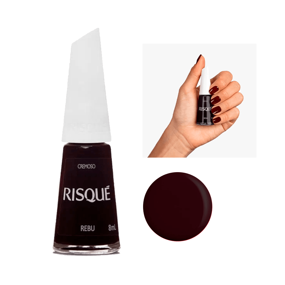 Esmalte Risqué Vermelho Cremoso Rebu 8ml - frasco e amostra da cor