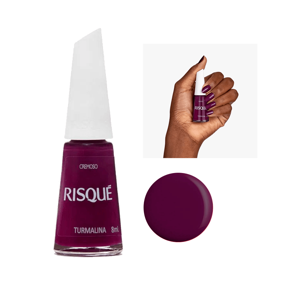 Esmalte Risqué Cremoso Turmalina 8ml em frasco de vidro com tampa branca, cor roxo escuro