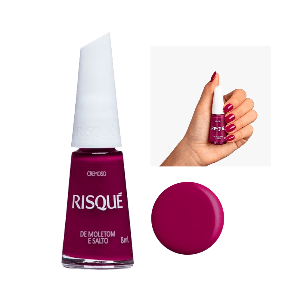 Esmalte Risqué De Moletom e Salto vinho cremoso 8ml com amostra da cor e mão segurando o frasco