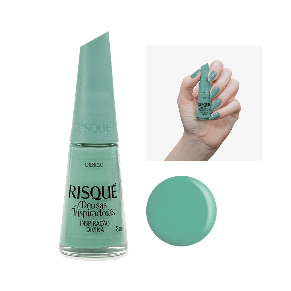 Esmalte Risqué Deusas Inspiradoras Inspiração Divina Verde - frasco e amostra da cor