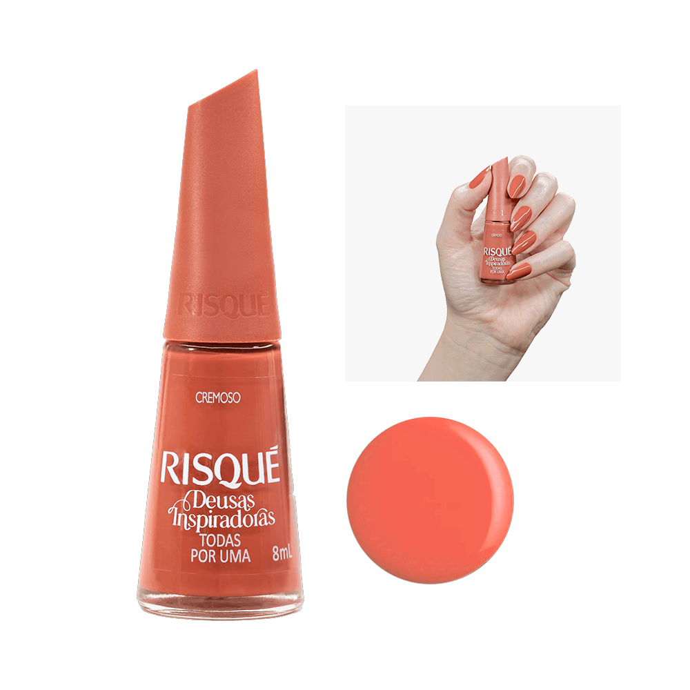 Esmalte Risqué Deusas Inspiradoras Nude Terroso 8ml - frasco e aplicação nas unhas
