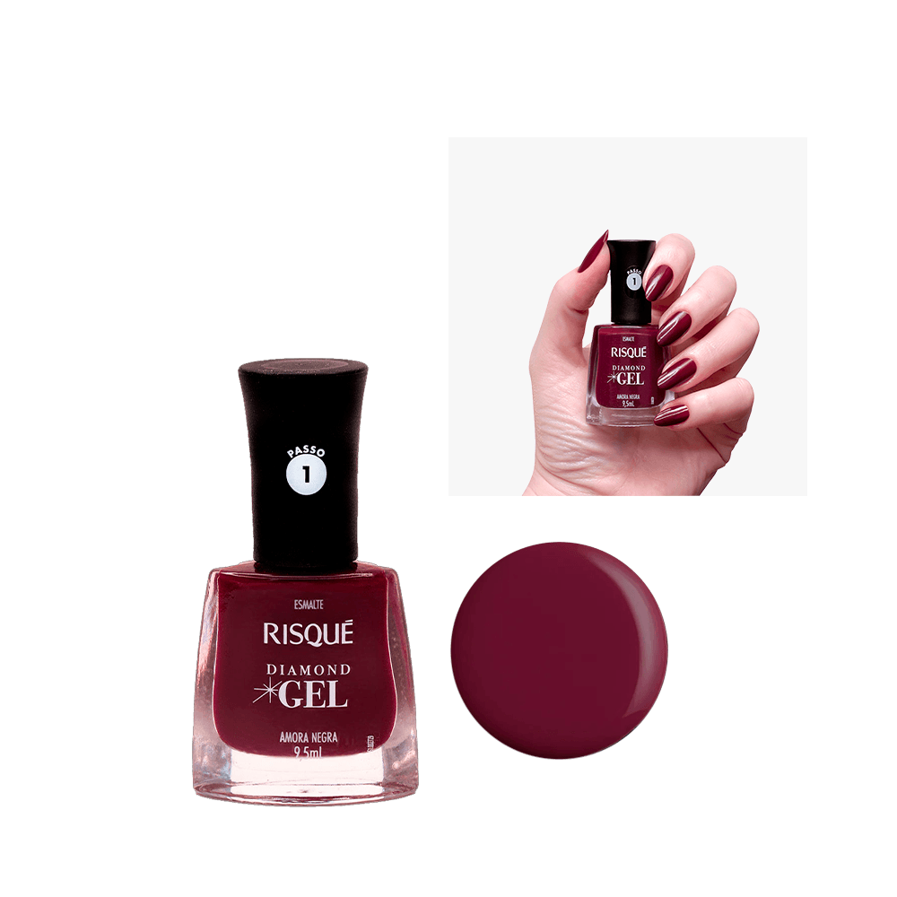 Esmalte Risqué Diamond Gel Amora Negra 9,5 ml - frasco com tampa preta e unhas pintadas na cor