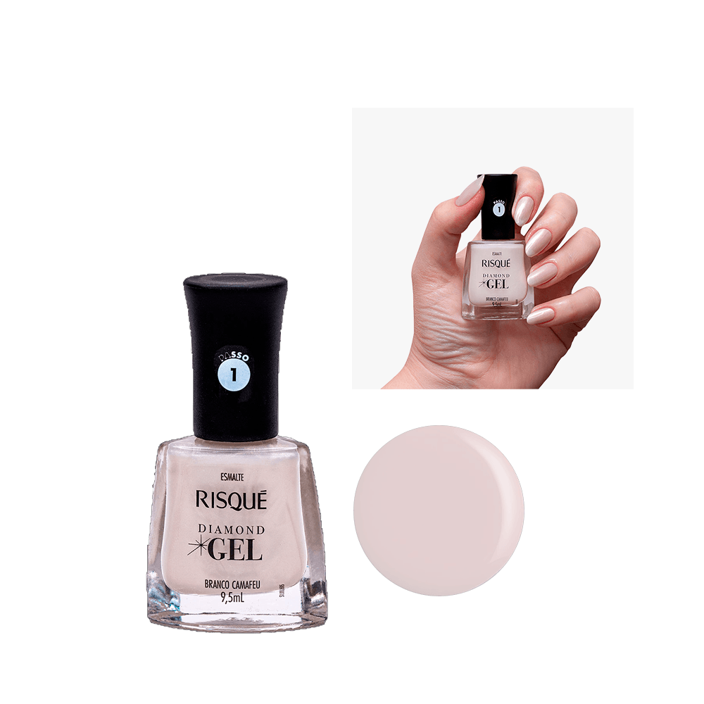 Esmalte Risqué Diamond Gel Branco Camafeu - frasco e amostra da cor