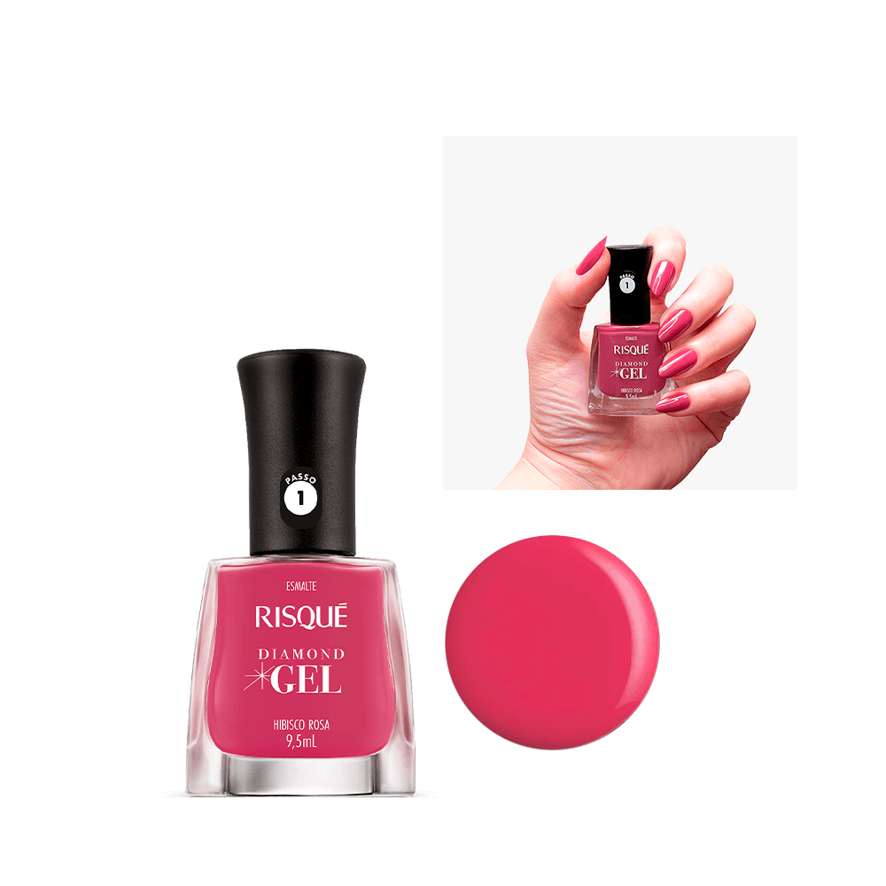 Esmalte Risqué Diamond Gel Hibisco Rosa Cremoso - frasco transparente com tampa preta e unha pintada