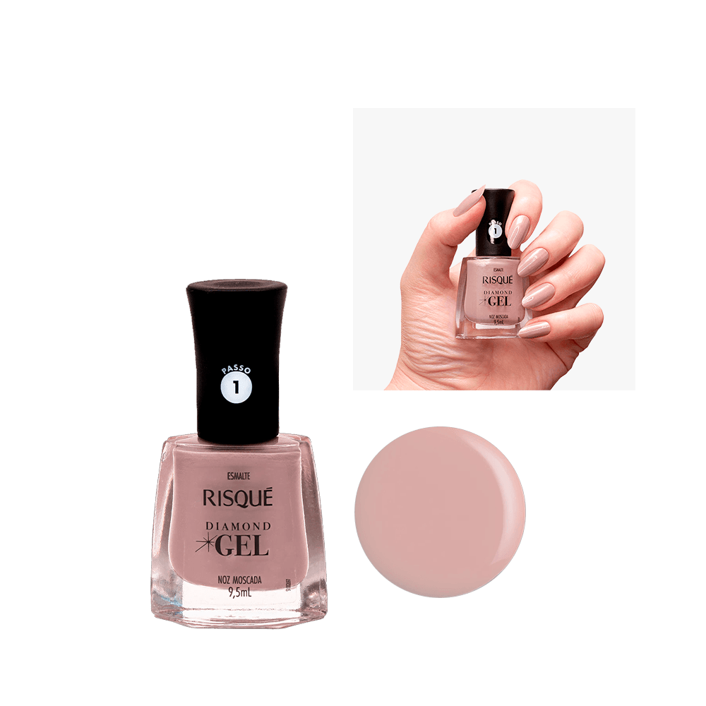 Esmalte Risqué Diamond Gel Noz Moscada em frasco de vidro quadrado com tampa preta, tom bege rosado cremoso
