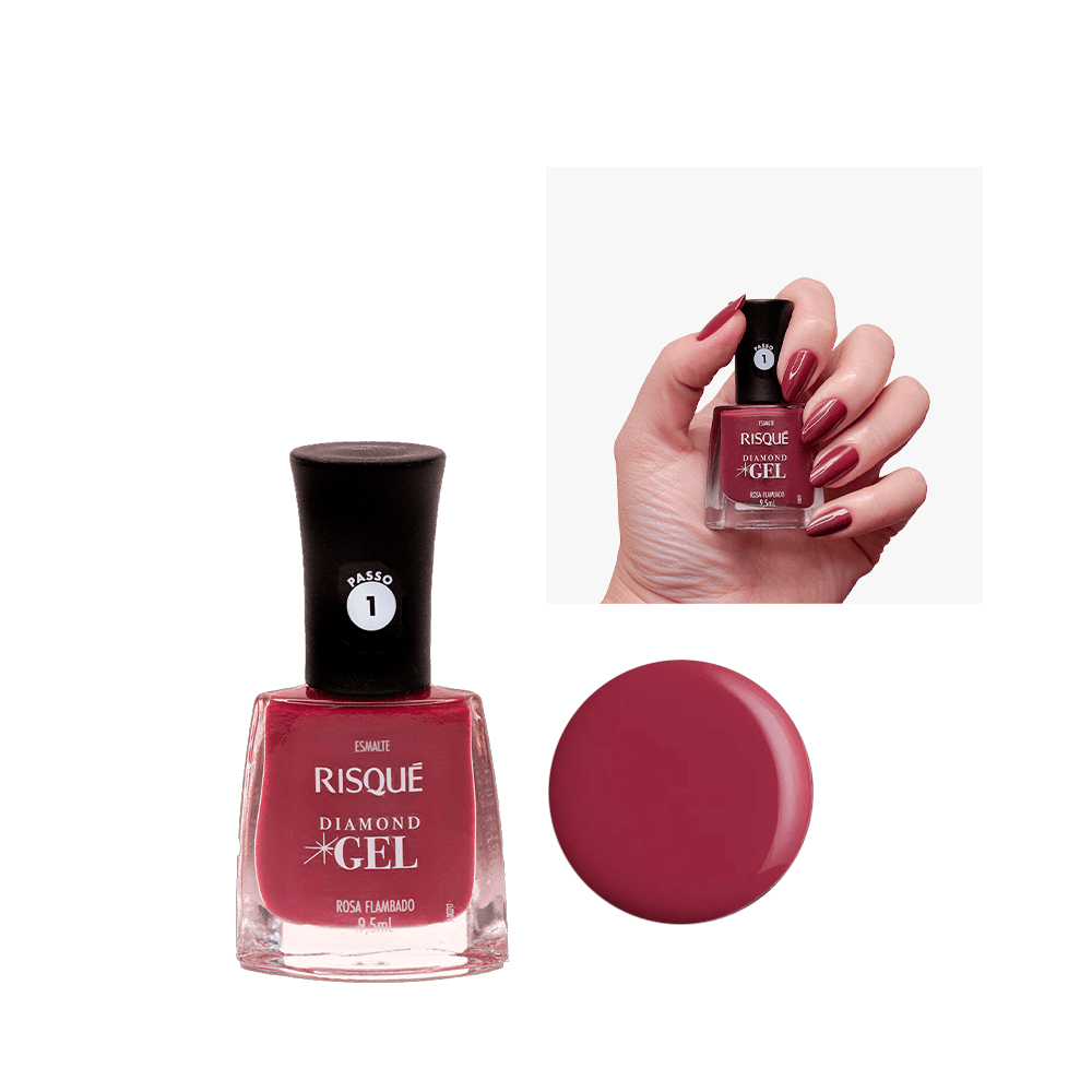 Esmalte Risqué Diamond Gel Rosa Flambado 9,5ml em frasco transparente, unhas pintadas na mesma cor
