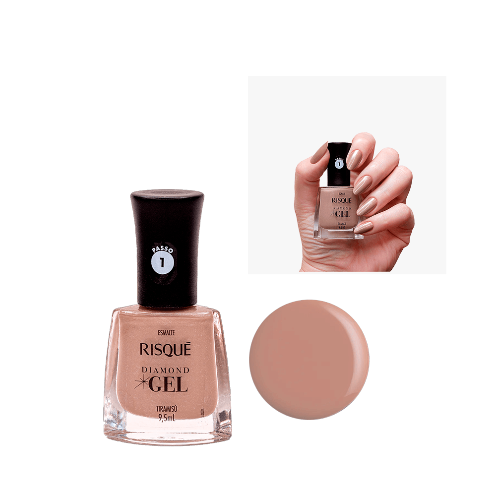Esmalte Risqué Diamond Gel Tiramisú 9,5ml, frasco quadrado com tampa preta fosca, amostra da cor e mão segurando o produto