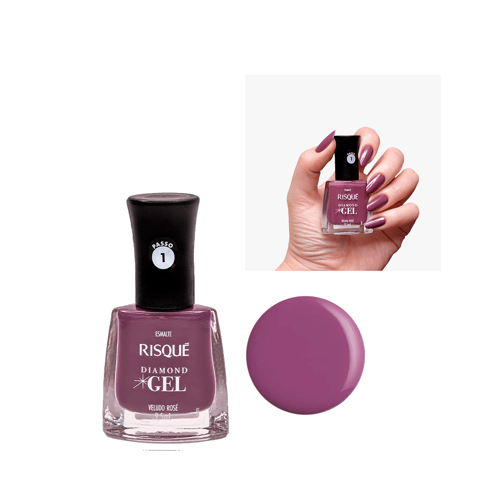 Esmalte Risqué Diamond Gel Veludo Rosé 9,5ml em frasco quadrado com tampa preta