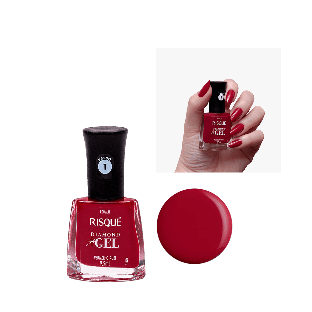 Esmalte Risqué Diamond Gel Vermelho Rubi Cremoso 9,5ml - frasco e aplicação nas unhas