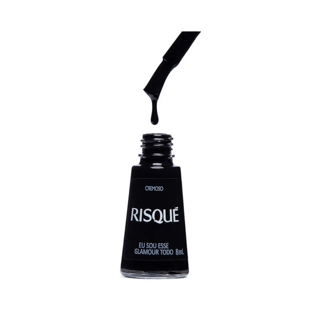 Frasco aberto com pincel do Esmalte Risqué Eu Sou Esse Glamour Todo pingando produto