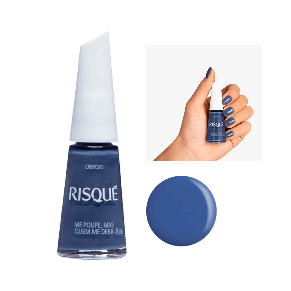Esmalte Risqué Me Poupe Mas Quem Me Dera azul cremoso 8ml em frasco com amostra da cor