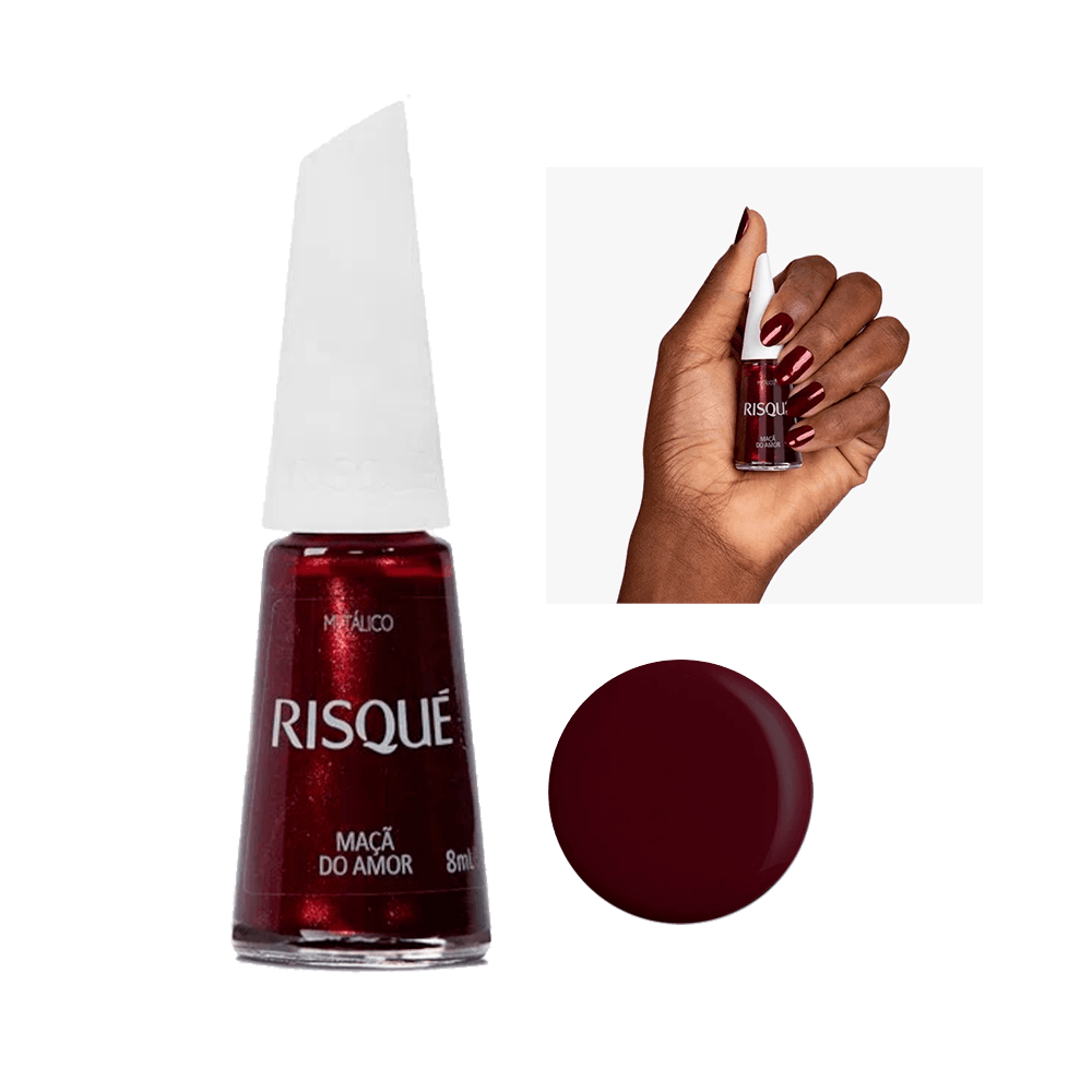 Esmalte Risqué Vermelho Metálico Maçã do Amor 8ml em frasco transparente com tampa branca