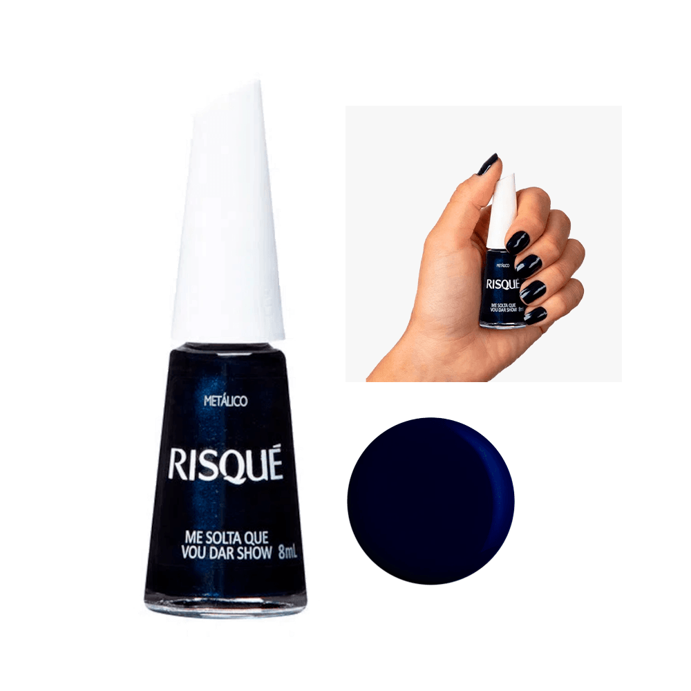 Esmalte Risqué metálico azul escuro Me Solta Que Vou Dar Show 8ml com amostra da cor