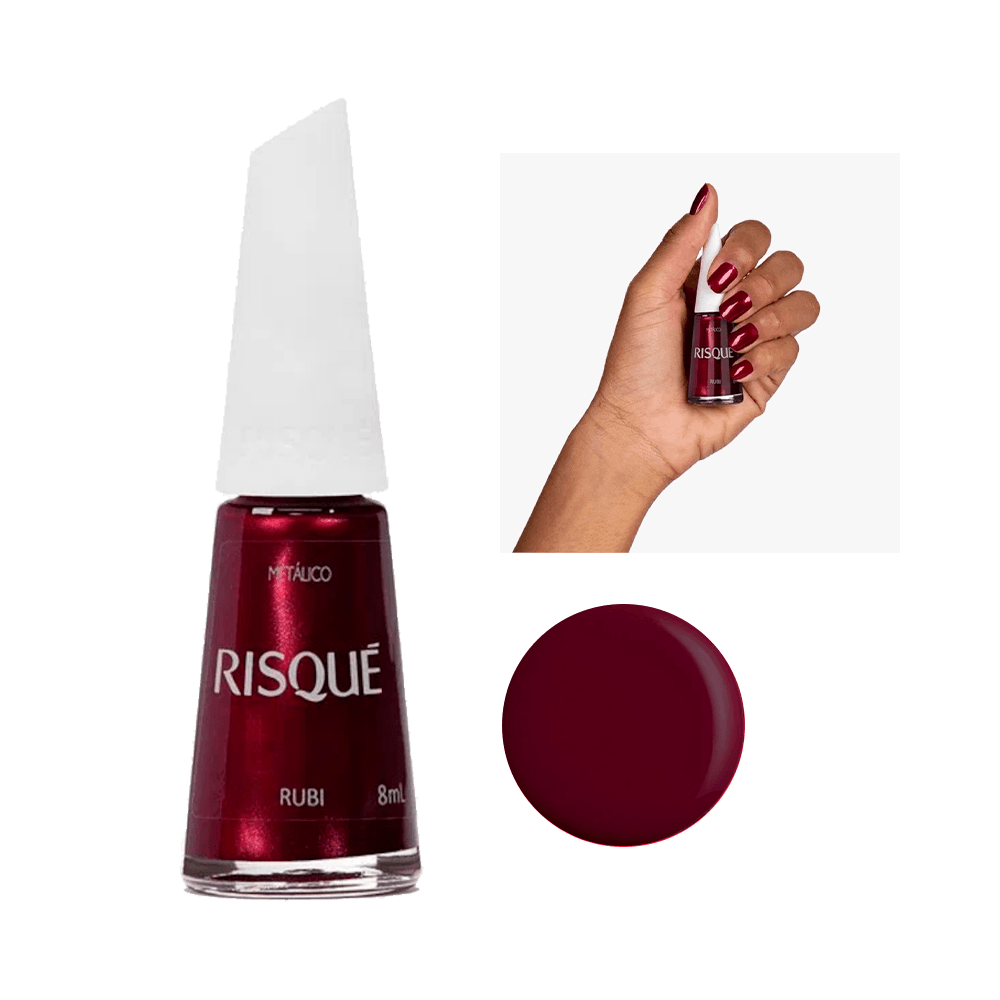 Esmalte Risqué Metálico Rubi frasco com unhas pintadas