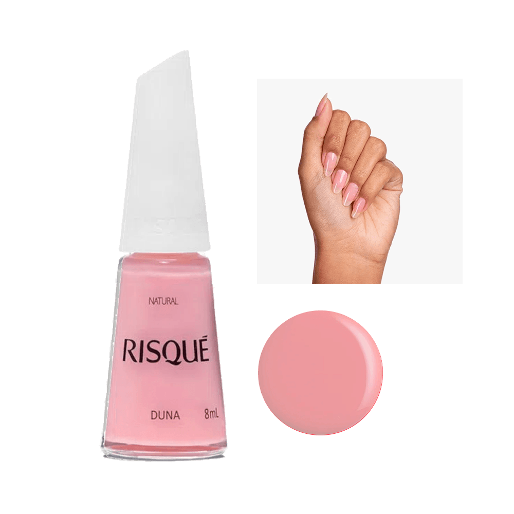 Esmalte Risqué Natural Duna frasco e amostra da cor rosa claro 8ml