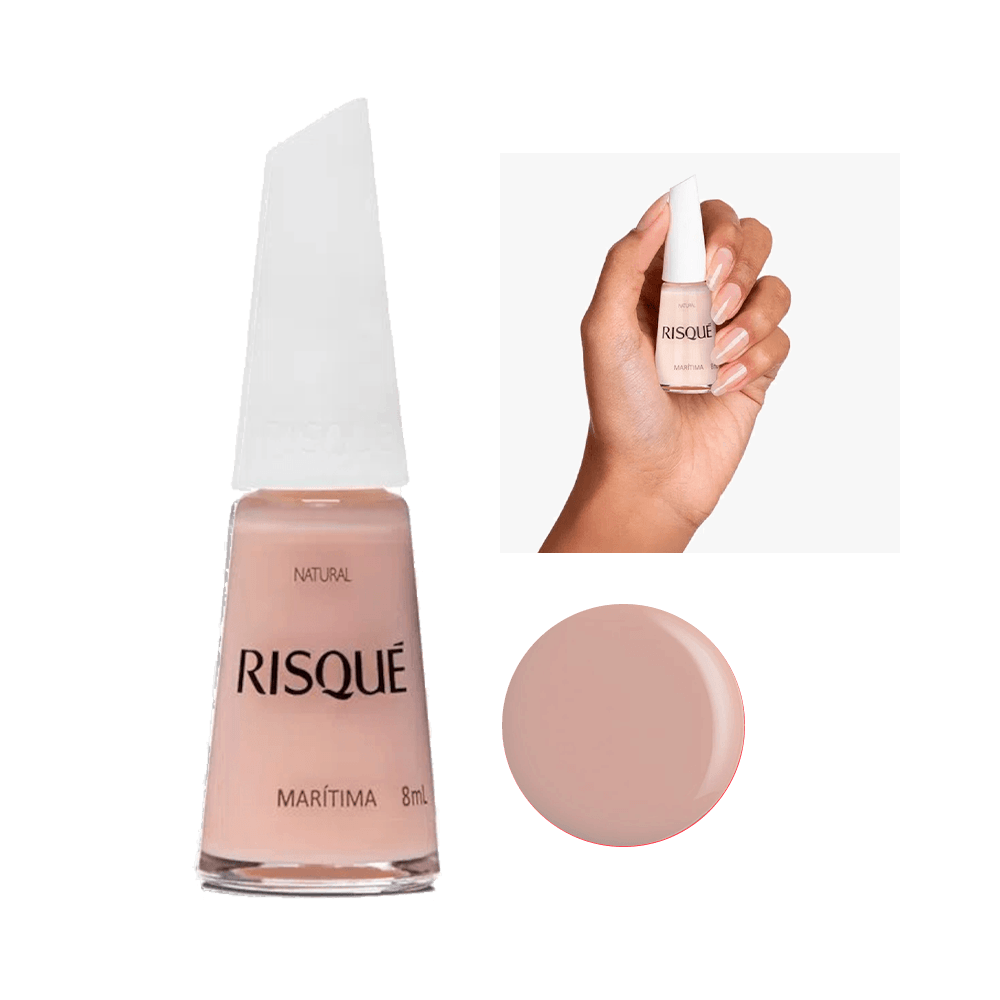 Esmalte Risqué Natural Marítima 8ml, frasco com tampa branca e tom nude claro