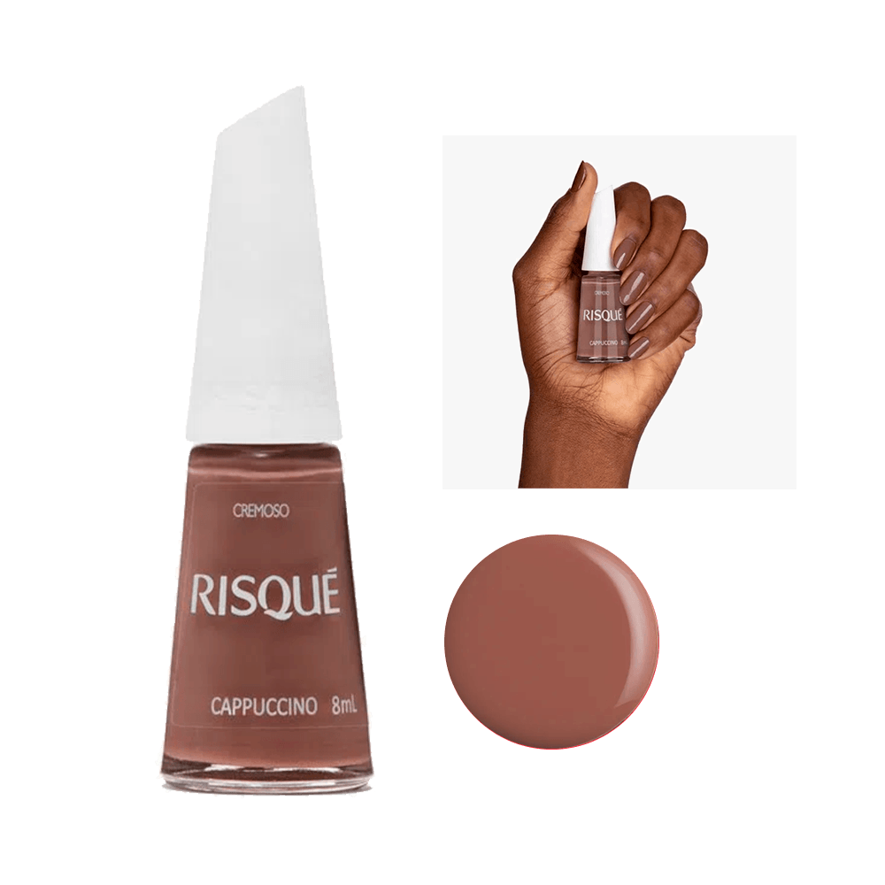 Esmalte Risqué Nudes Cremoso Cappuccino frasco com amostra da cor e mão segurando o produto