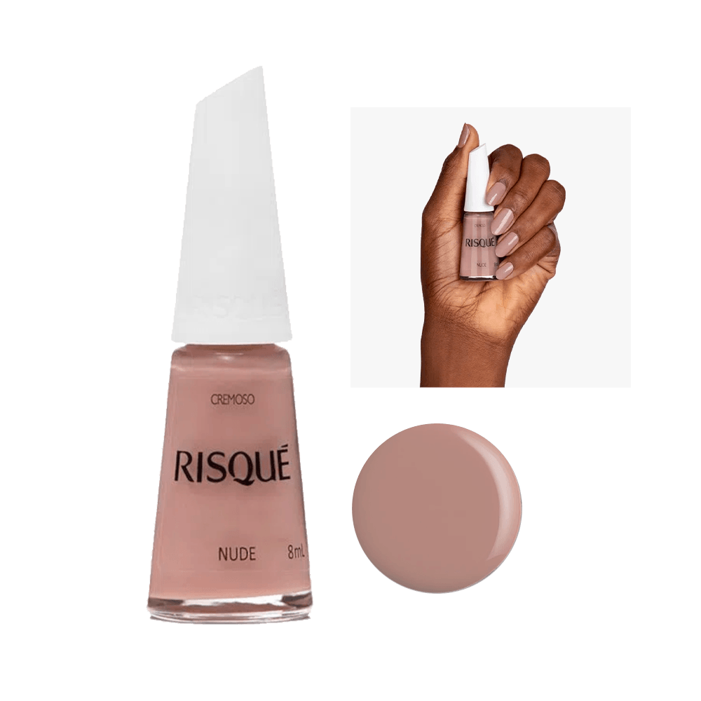 Esmalte Risqué Cremoso Nude 8 mL - frasco transparente com tampa branca, amostra da cor e mão segurando o produto