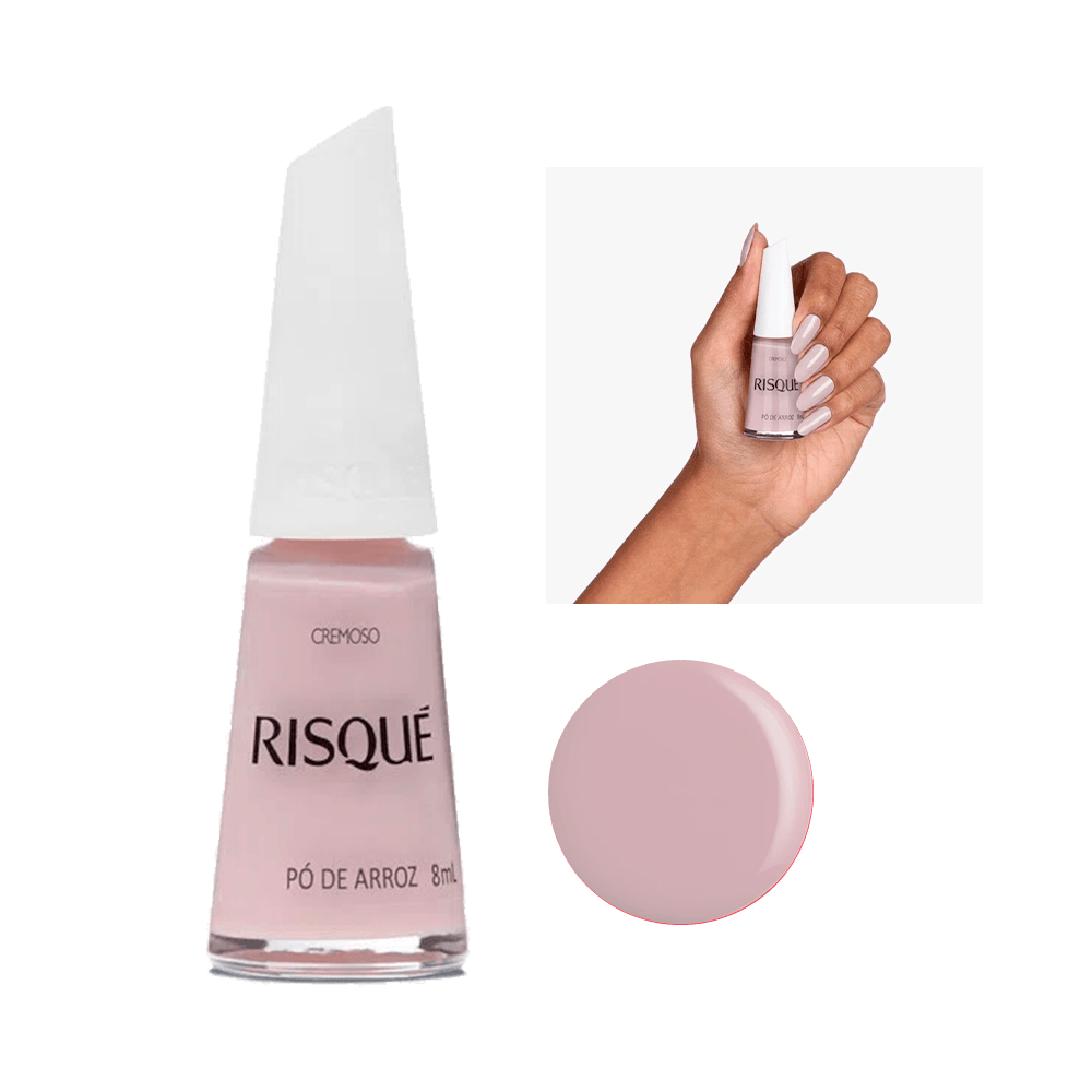 Esmalte Risqué Nudes Cremoso Pó de Arroz 8ml - frasco com amostra da cor e mão com unhas pintadas