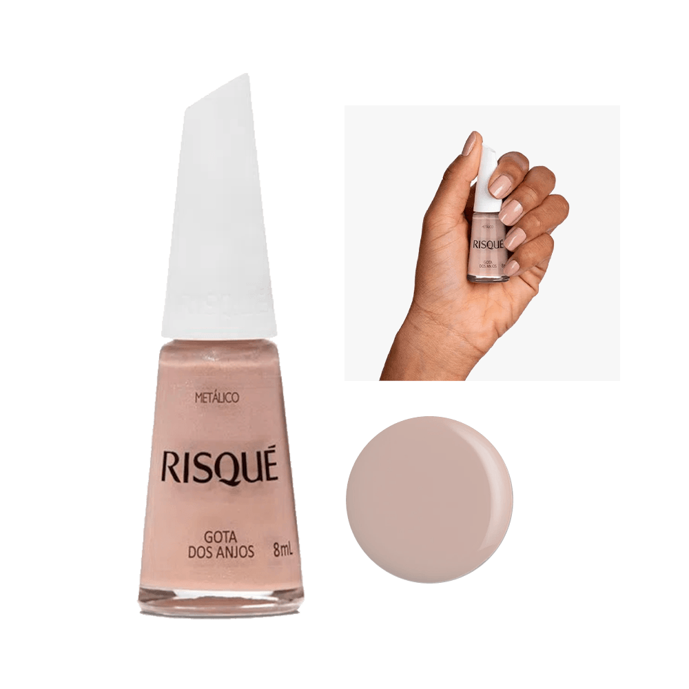 Esmalte Risqué Metálico Gotas dos Anjos 8ml - frasco e unhas pintadas