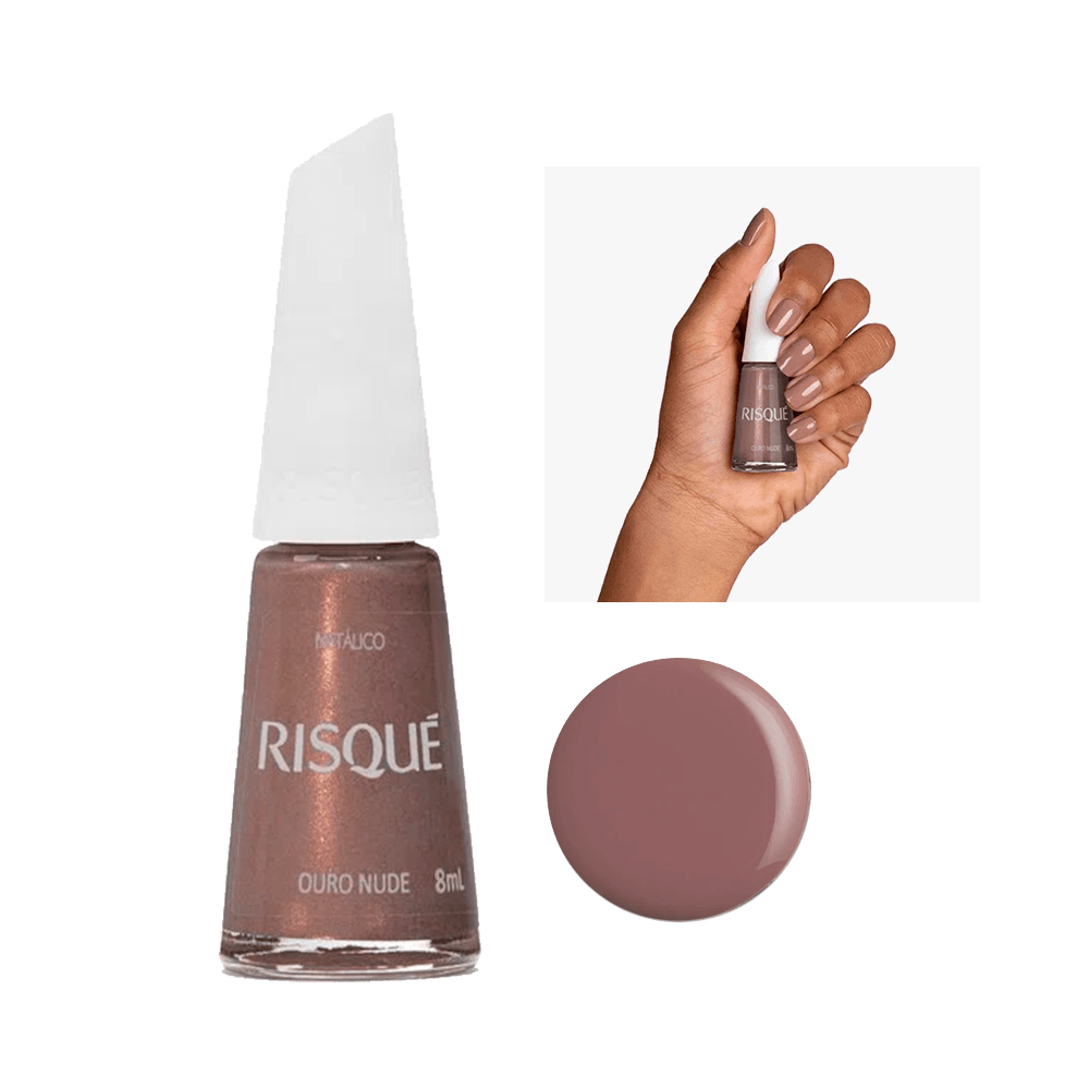 Esmalte Risqué Metálico Ouro Nude 8ml - frasco com brilho dourado e tampa branca