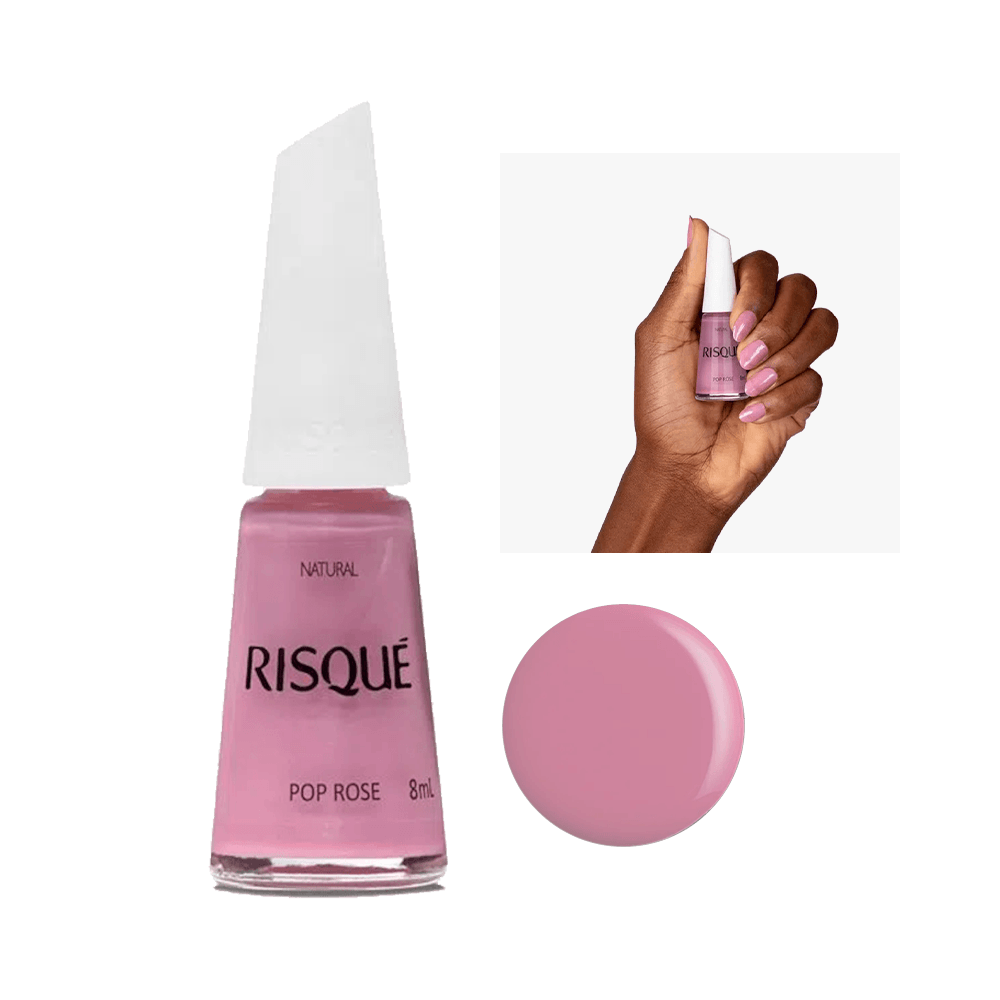 Esmalte Risqué Pop Rose frasco transparente 8 ml e unha pintada