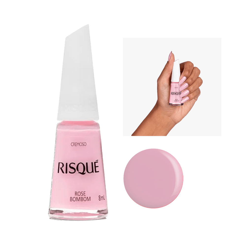 Esmalte Risqué Rose Bombom Cremoso 8ml - frasco transparente com tampa branca, cor rosa claro