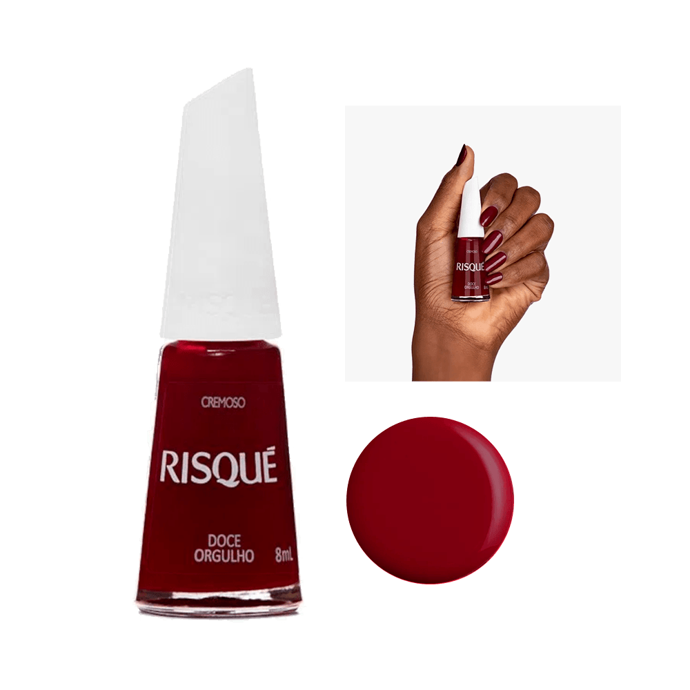 Esmalte Risqué Doce Orgulho vermelho cremoso 8ml com amostra da cor e mão segurando o frasco