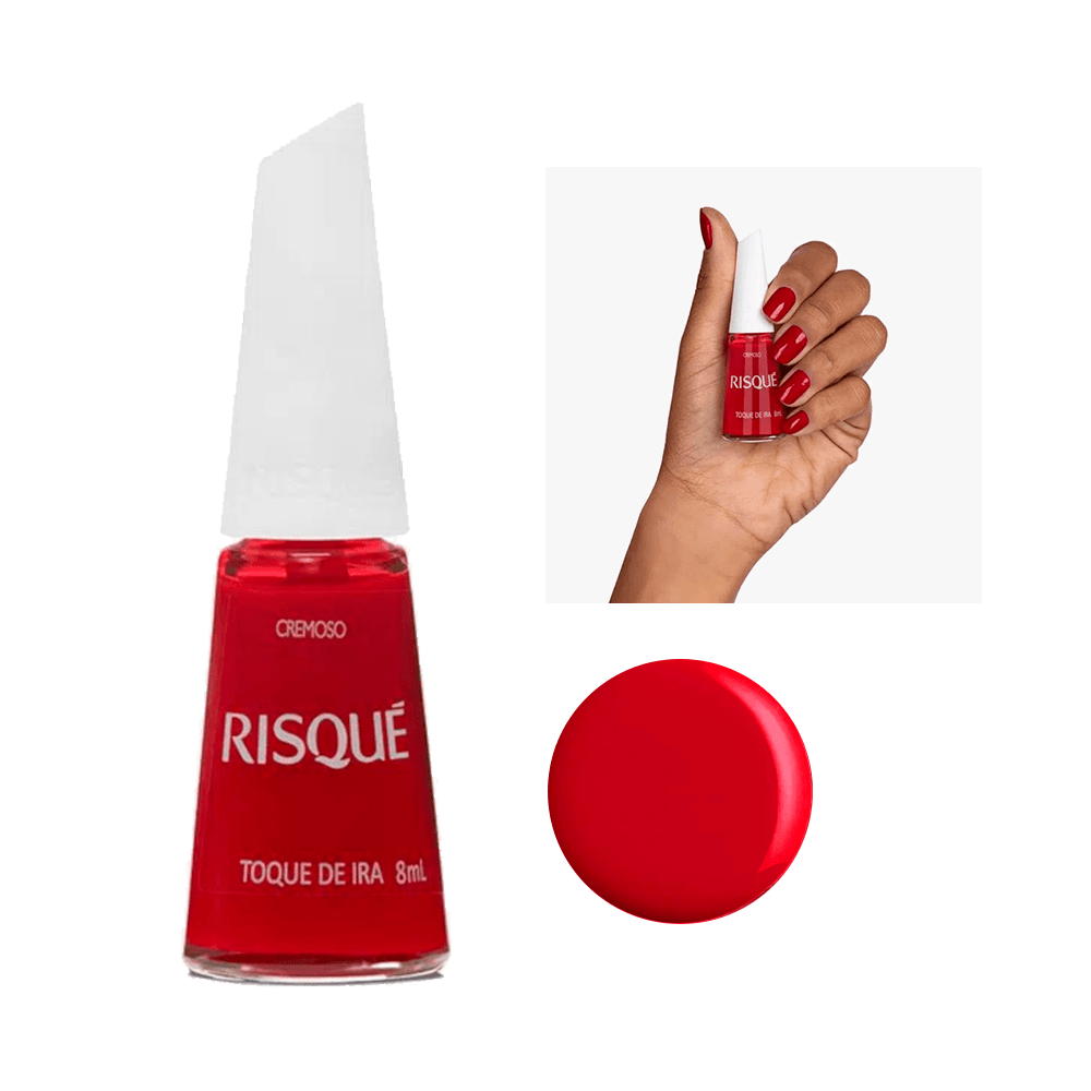 Esmalte Risqué Toque de Ira 8ml - frasco e amostra da cor vermelha cremosa
