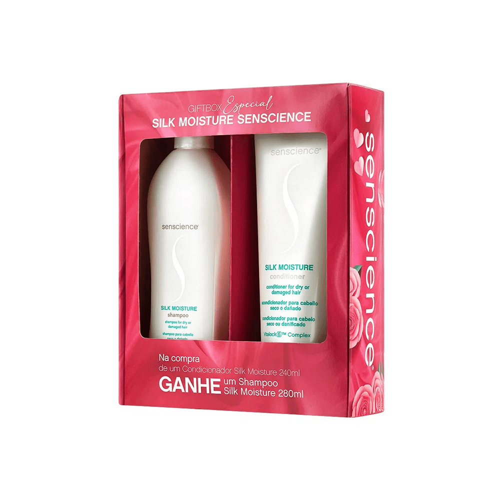 Kit Senscience Silk Moisture em caixa vermelha com janela transparente mostrando shampoo e condicionador