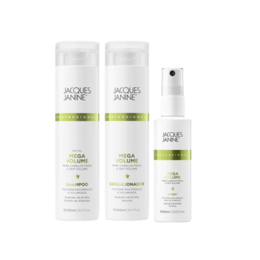 Kit Jacques Janine Volume Cabelos Finos com shampoo, condicionador e spray 60ml sobre fundo branco
