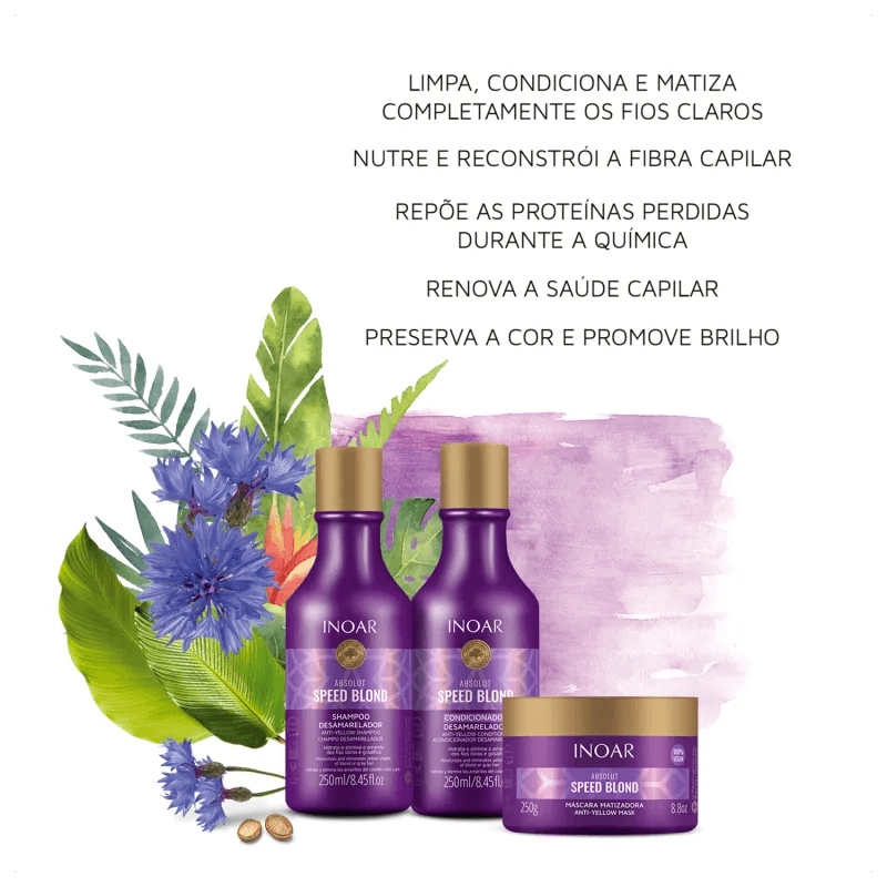 Kit com shampoo, condicionador e máscara matizadora Absolut Speed Blond mostrando resultados e benefícios