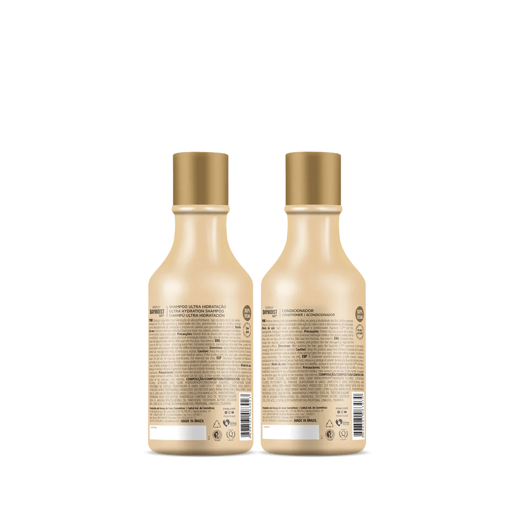 Parte traseira dos frascos do Kit Absolut DayMoist CLR com informações técnicas e modo de uso