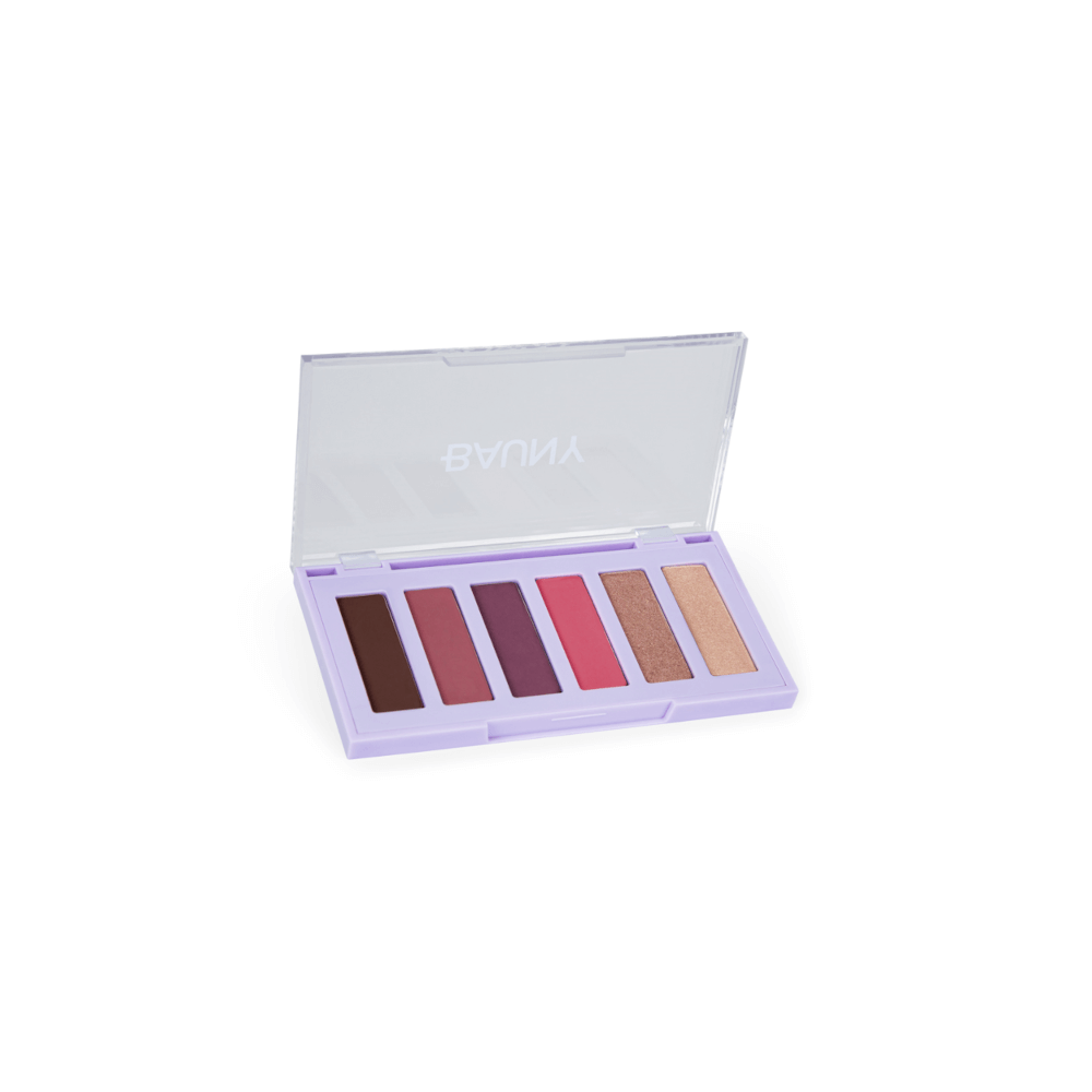 Paleta Bauny aberta mostrando as seis sombras em tons quentes e metálicos