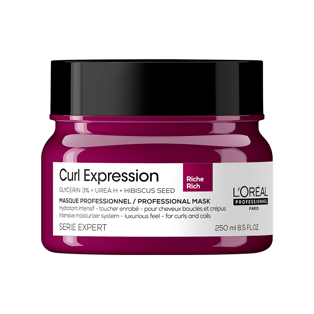 Pote da máscara L'Oréal Serie Expert Curl Expression 250 ml, embalagem roxa com tampa preta