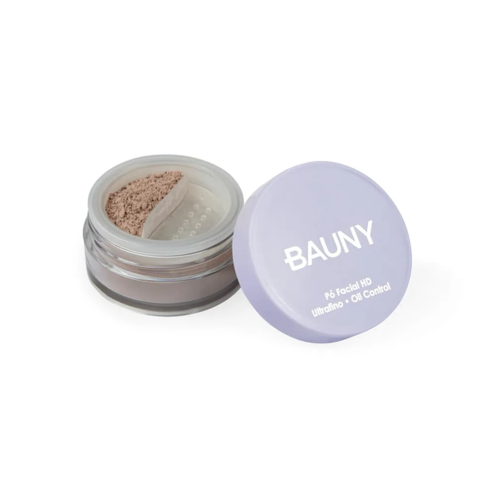 Pó Facial Solto Bauny HD 030 aberto mostrando pó ultrafino na cor bege claro, embalagem transparente e tampa lilás