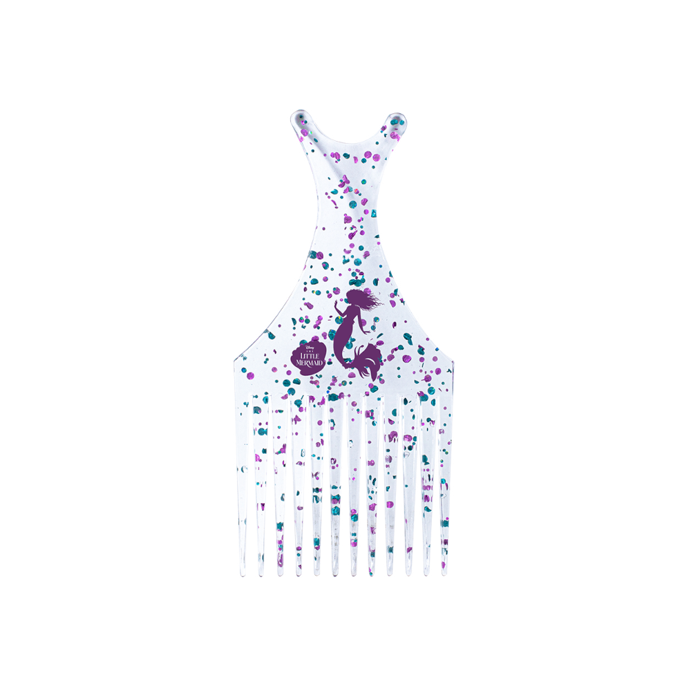 Pente Afro Marco Boni Disney Sereia com glitter violeta e azul, vista frontal
