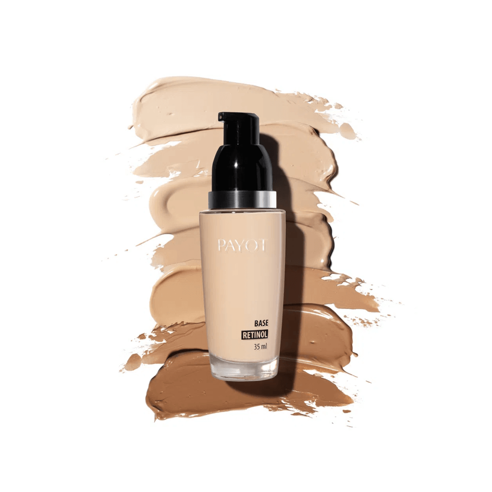 Frasco da Base Líquida Payot Retinol 20 com tons de base ao fundo