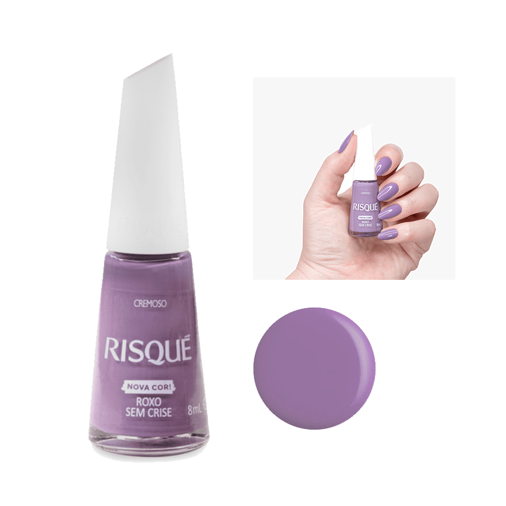 Esmalte Risqué Cremoso Roxo Sem Crise 8ml - frasco com tampa branca e amostra da cor
