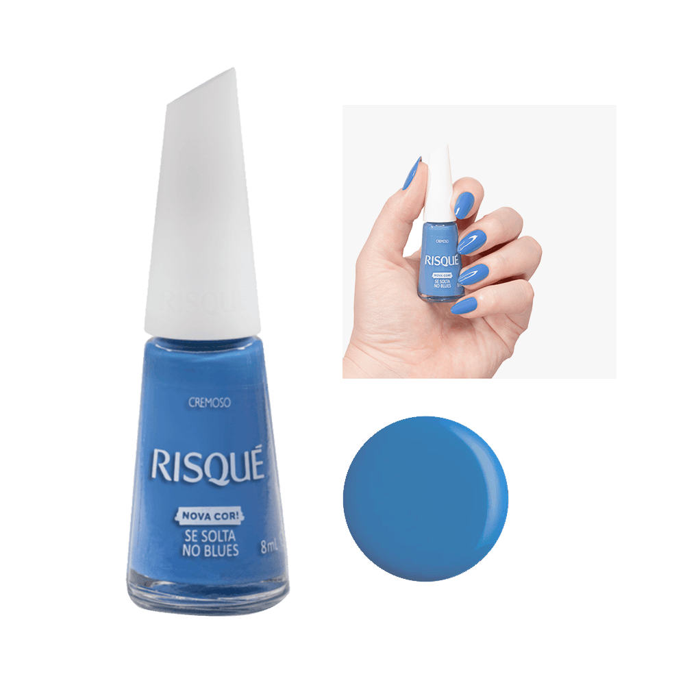 Esmalte Risqué Cremoso Se Solta no Blues - frasco com tampa branca e tom azul cremoso