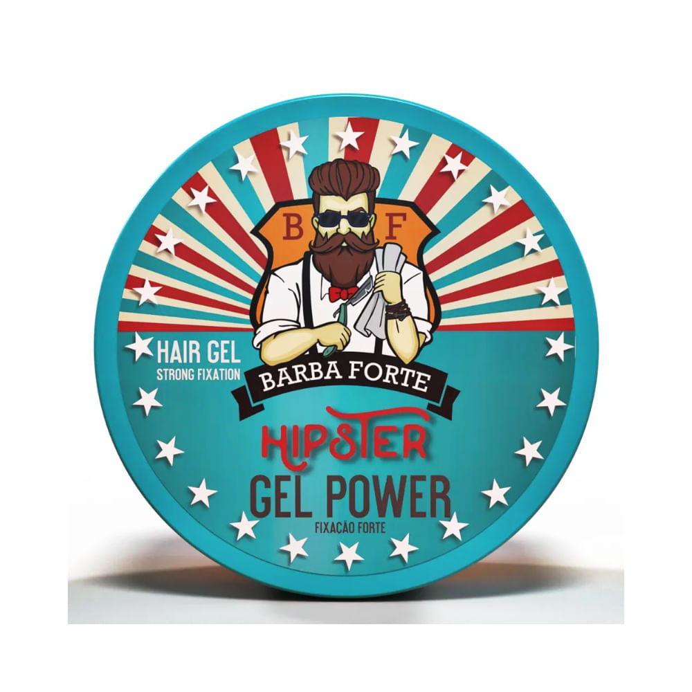 Gel Power Hipster Barba Forte 200g em pote azul sobre fundo com estrelas