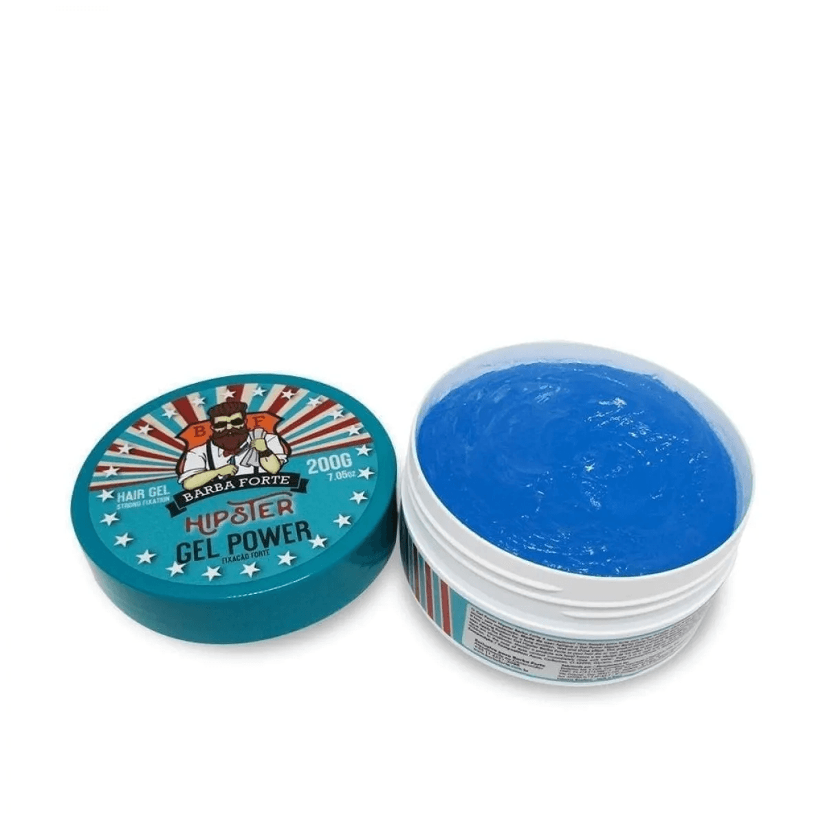 Pote aberto mostrando o gel azul brilhante do Gel Power Hipster Barba Forte