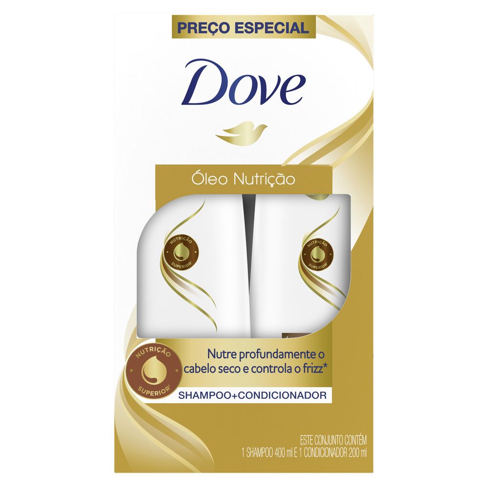 Kit Shampoo + Condicionador Dove Óleo Nutrição - embalagem branca com detalhes dourados, frascos visíveis