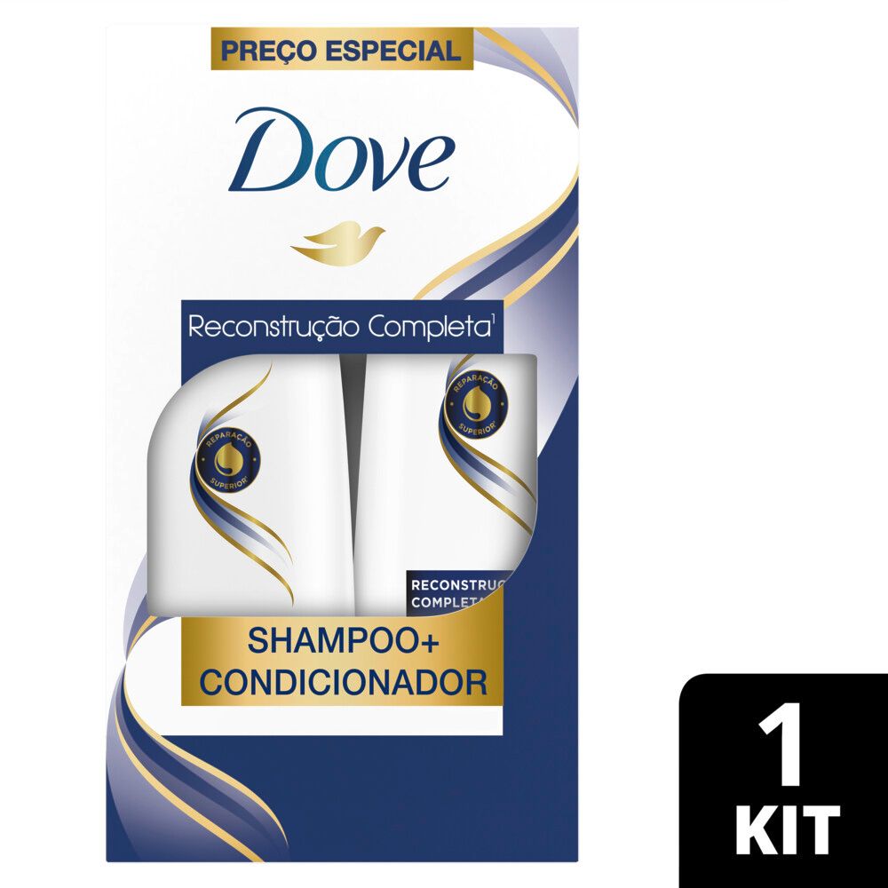 Kit Dove Reconstrução Completa shampoo 400 ml e condicionador 200 ml - embalagem branca com detalhes em azul e dourado