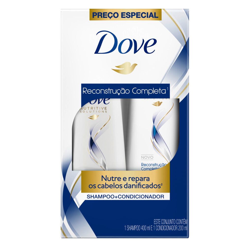 Imagem frontal do kit Dove Reconstrução Completa com destaque para 'Nutre e repara os cabelos danificados'