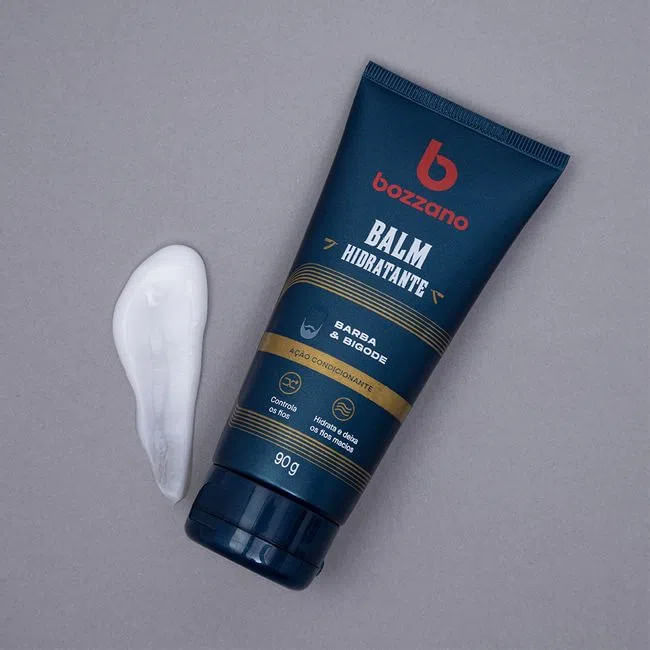 Balm hidratante Bozzano para barba e bigode mostrando textura cremosa